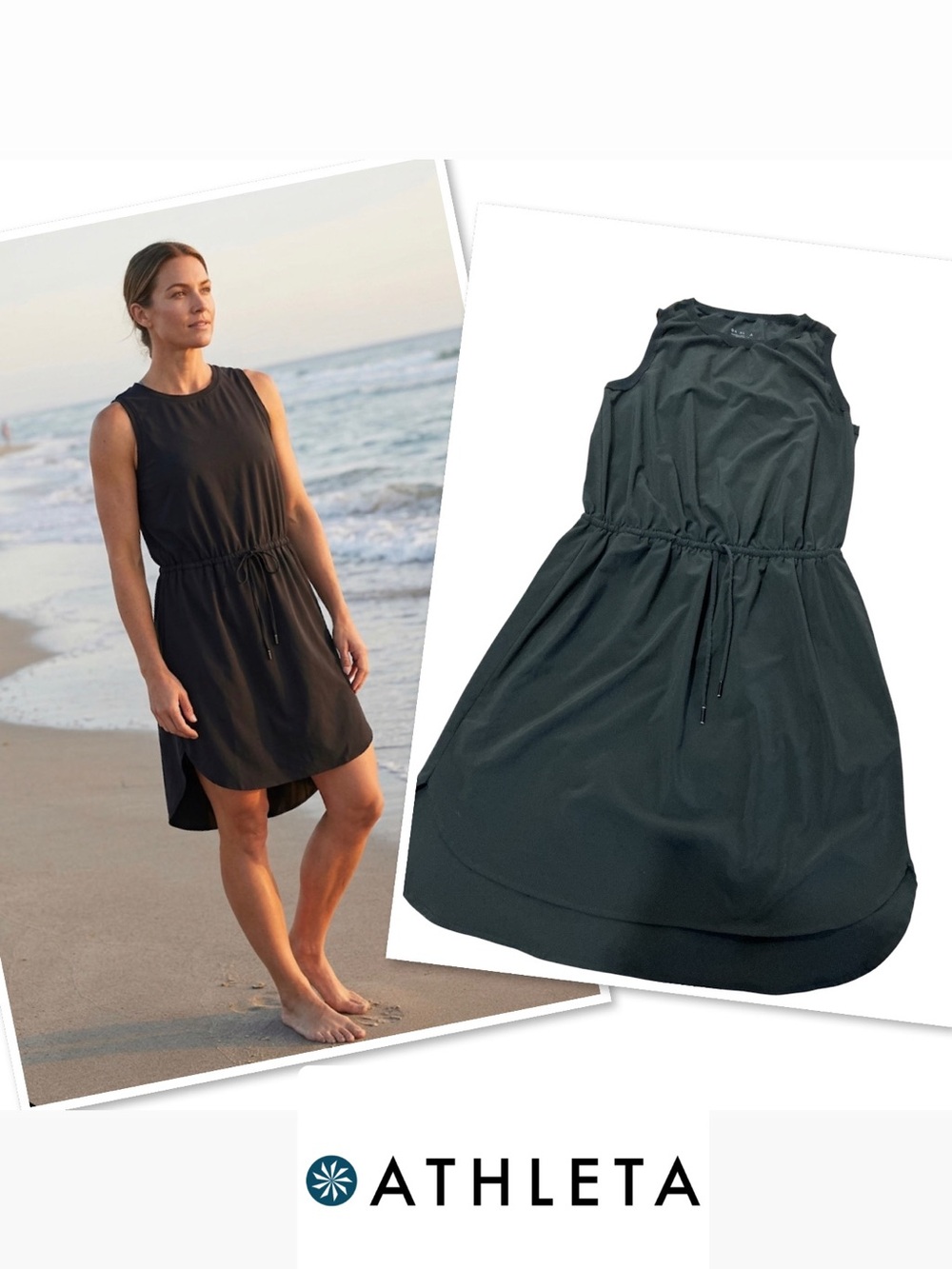 Athleta Black Sleeveless Swim Cover Dress with Drawstring Waist